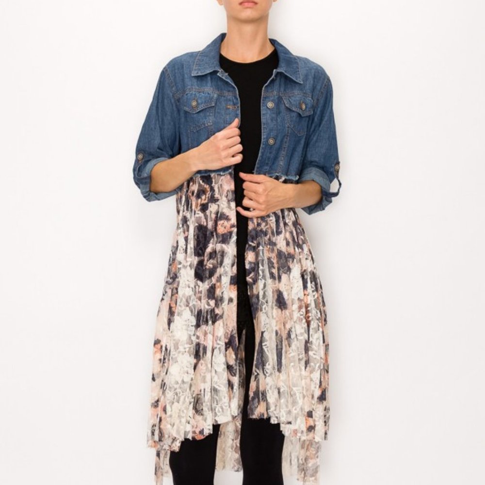 NEW ORIGAMI DENIM & LACE CARDIGAN DUSTER reg & plus leopard BOHEMIAN WESTERN S-3